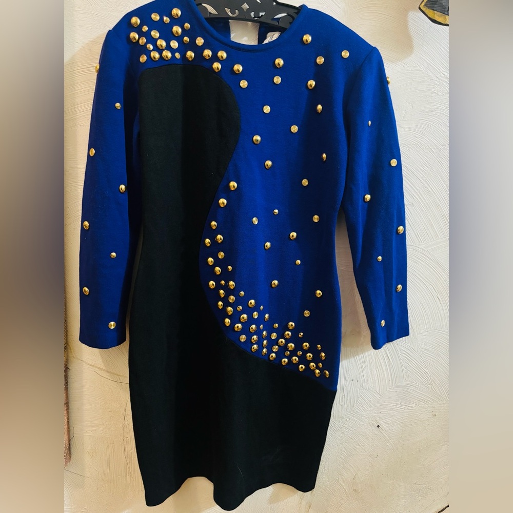 *vintage*  black and blue color block dress with gold decals